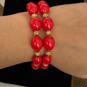 Vintage Crown Trifari Red bead gold tone nugget two strand bracelet